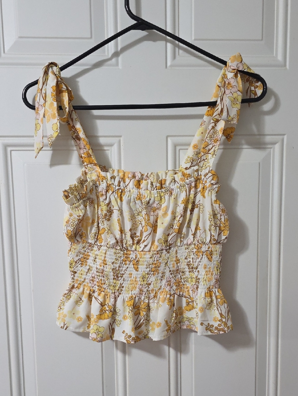 Forever 21 Yellow Floral Tie-Shoulder Smocked Crop Tank